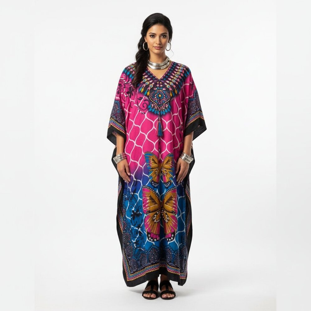 True Rock Pink & Black Print Long Maxi Caftan Dress NEW‎ OS